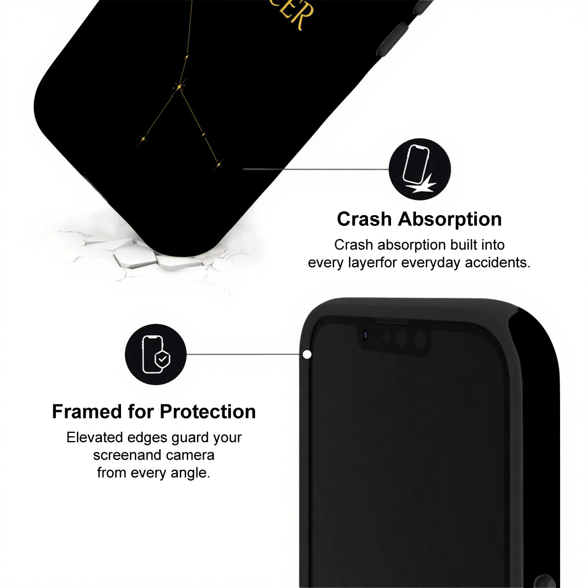 Black phone case with text highlighting crash absorption and protection features on a white background