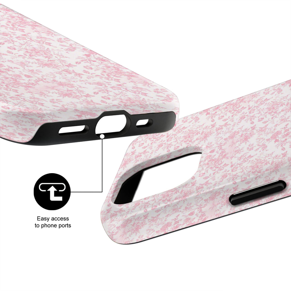 Pink phone case with black accents showing ease of access to phone ports on a white background