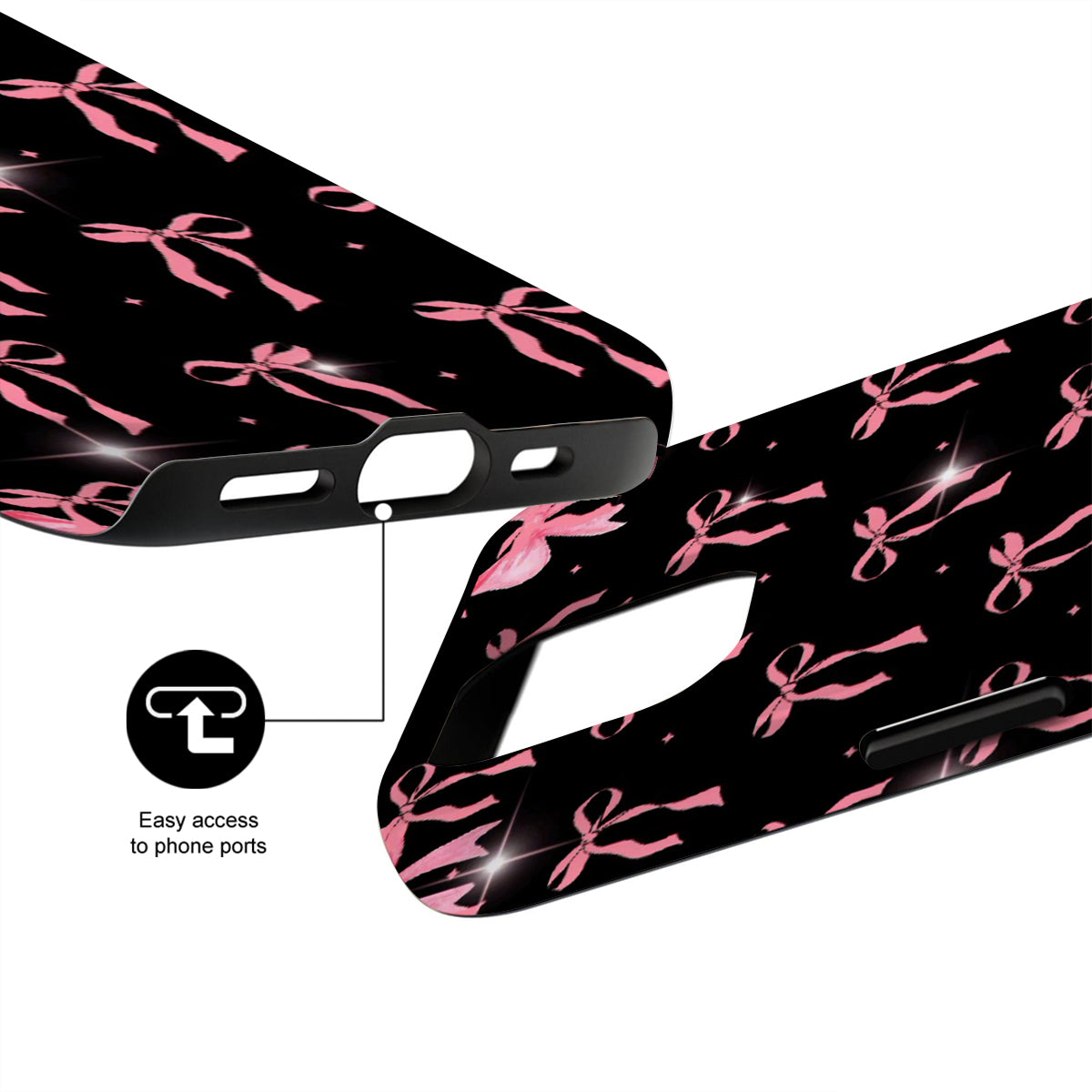 Phone case with pink bows on black background, showing ease of access to phone ports.
