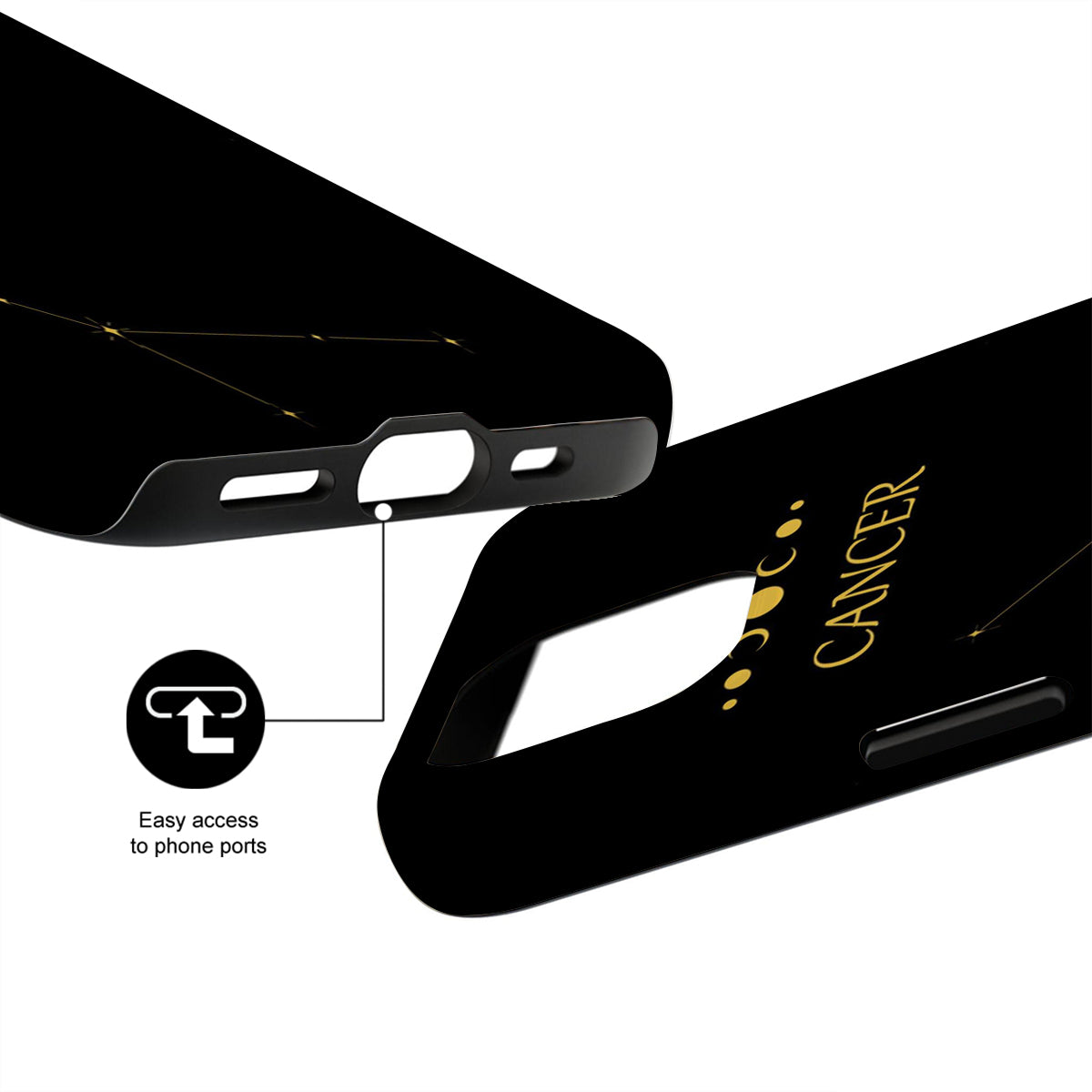 Black phone case with 'Cancer' design and text indicating easy access to phone ports.