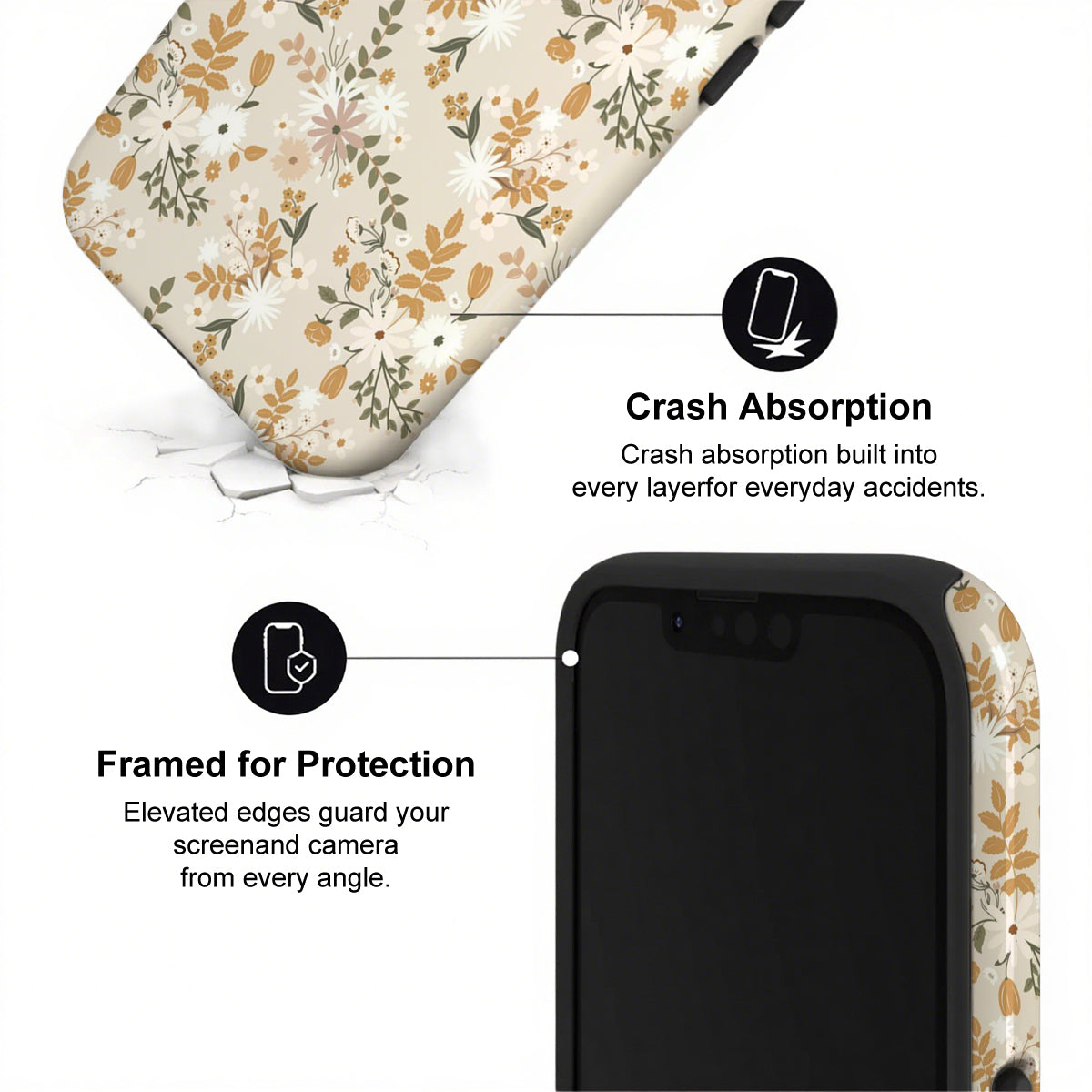 Phone case with floral design and text highlighting crash absorption and protection features.