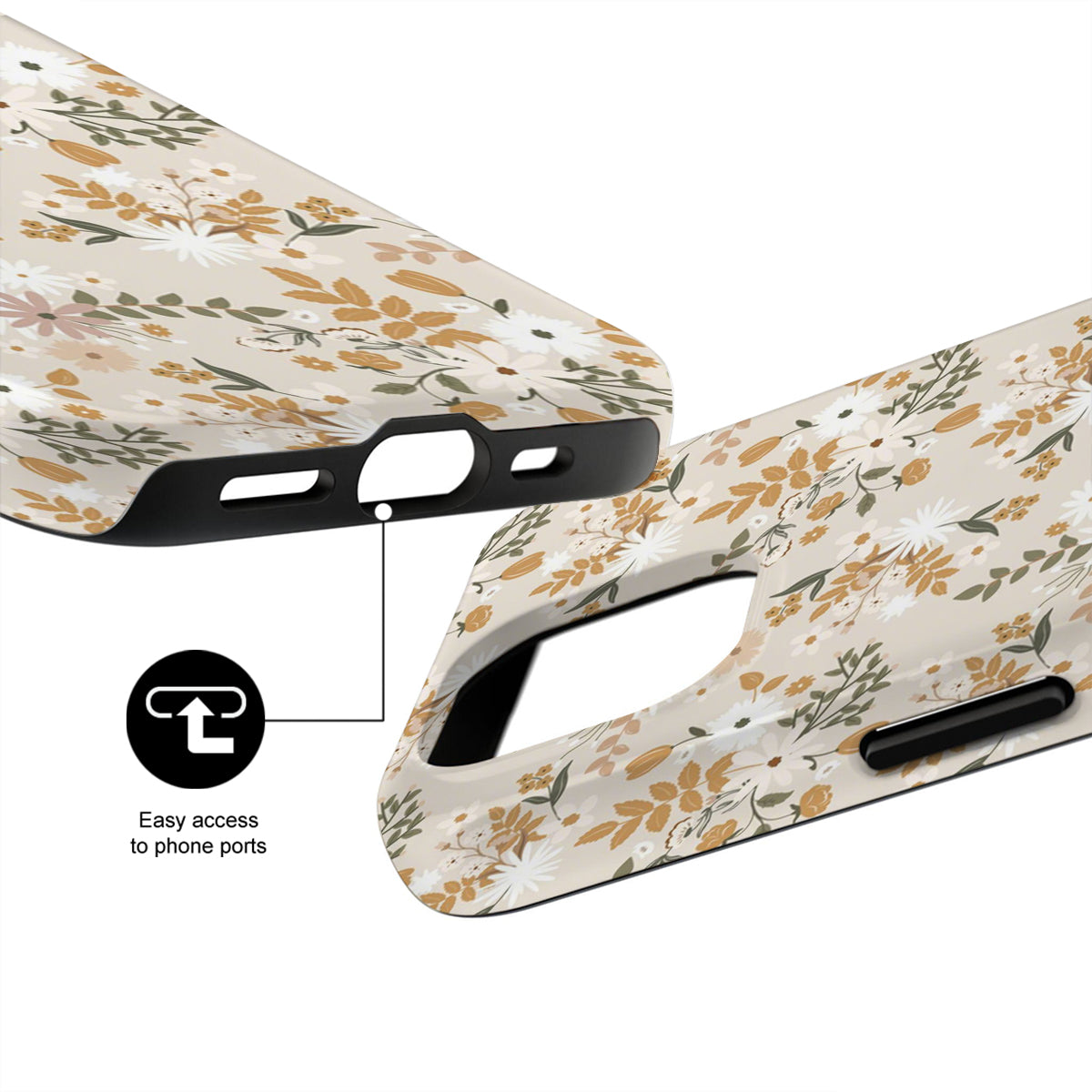 Floral patterned phone case with design details on a white background