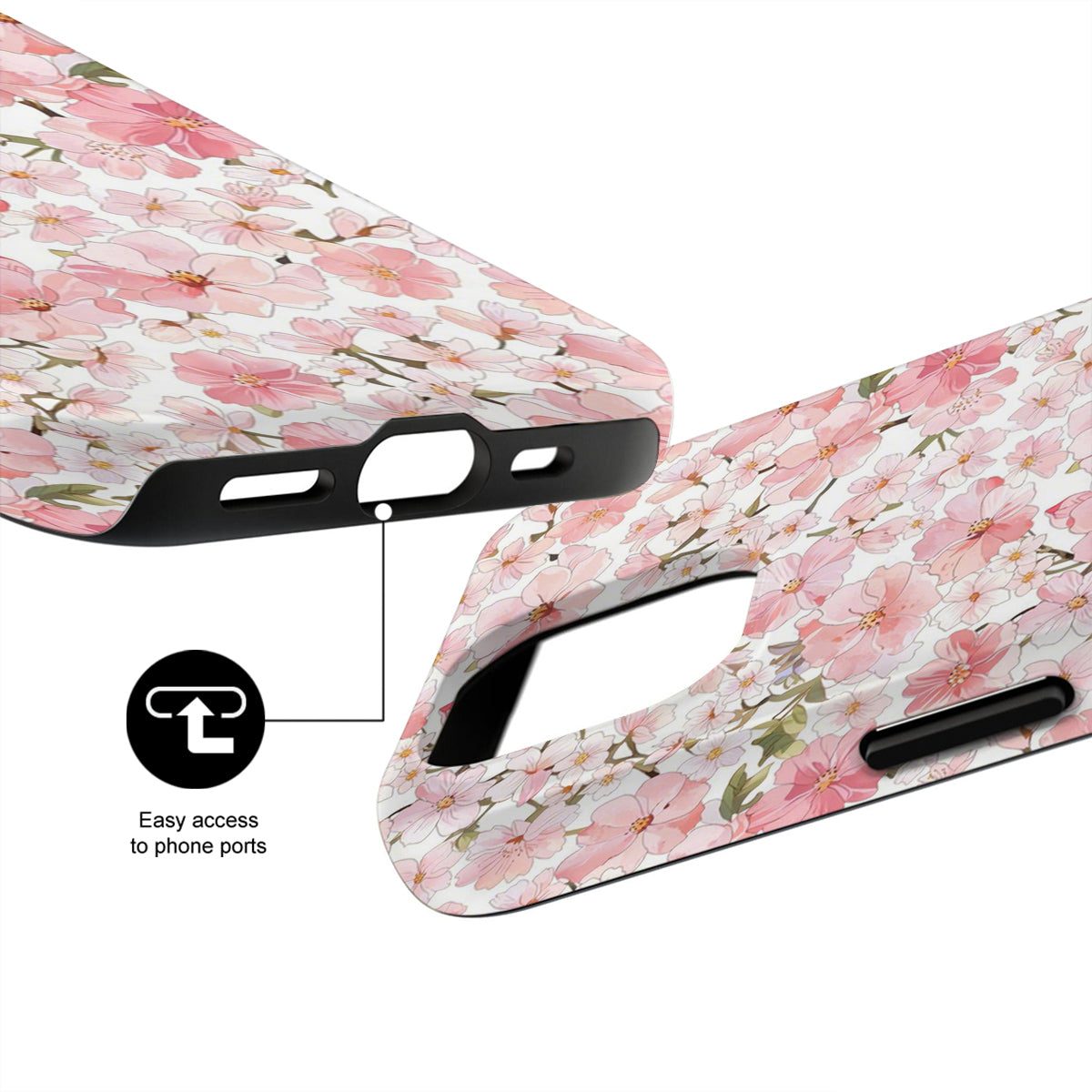 Floral phone case with ports easily accessible design on a white background