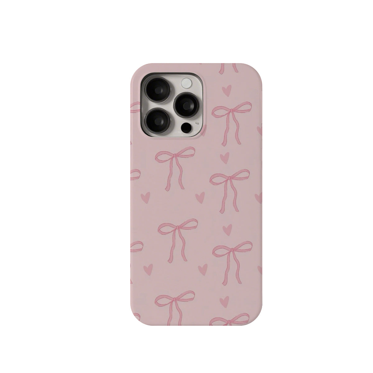 Phone case with pink bow and heart pattern on a light pink background
