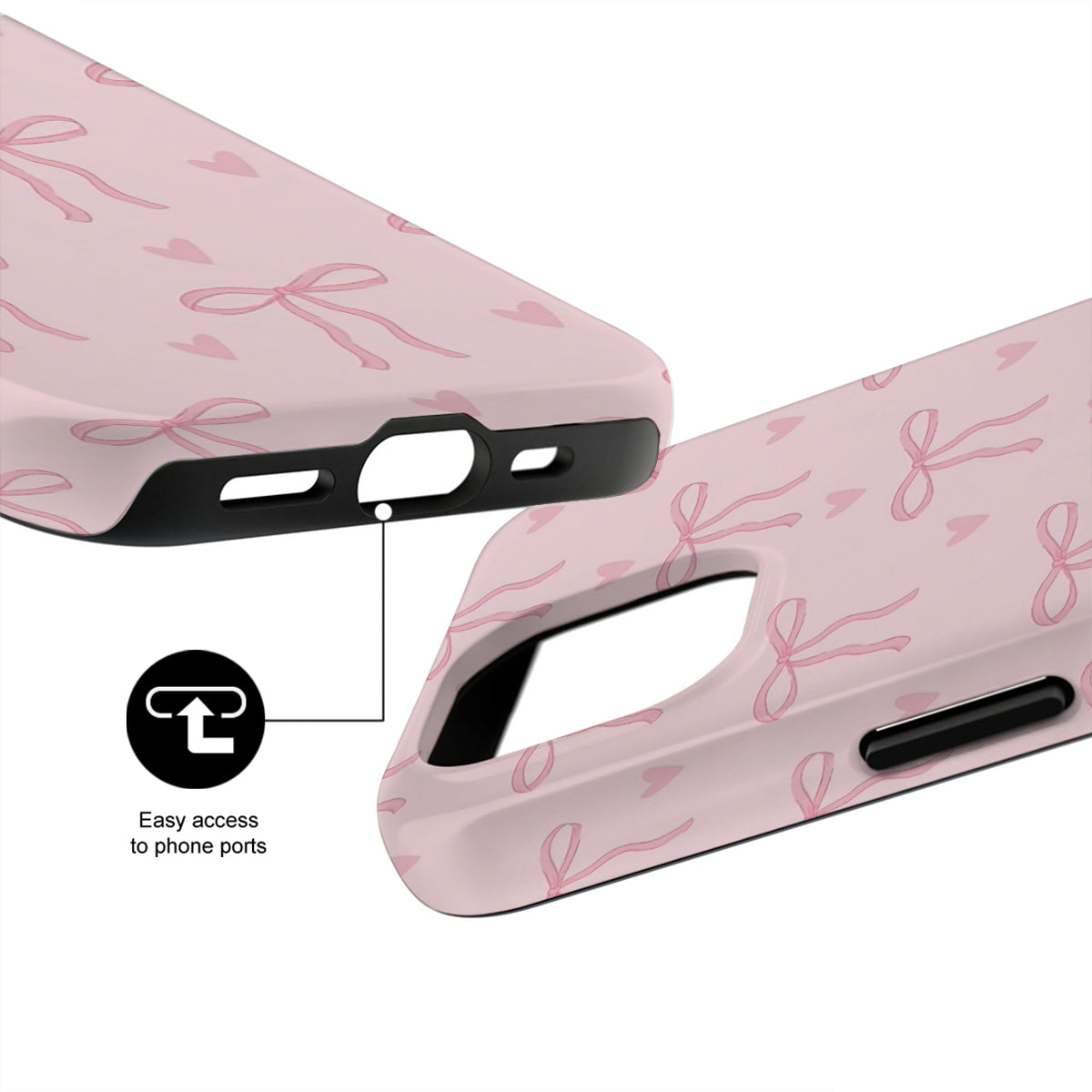 Pink phone case with bow pattern and easy access to phone ports feature