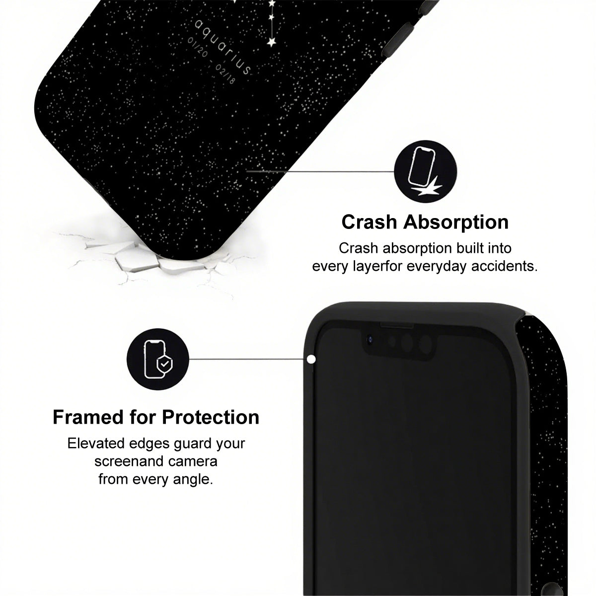 Black phone case with text highlighting crash absorption and protection features on a white background