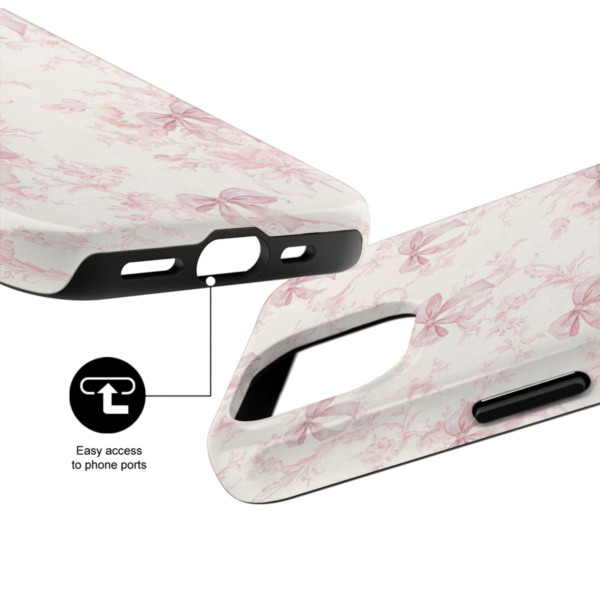 Phone case with floral design and text 'Easy access to phone ports' on a white background
