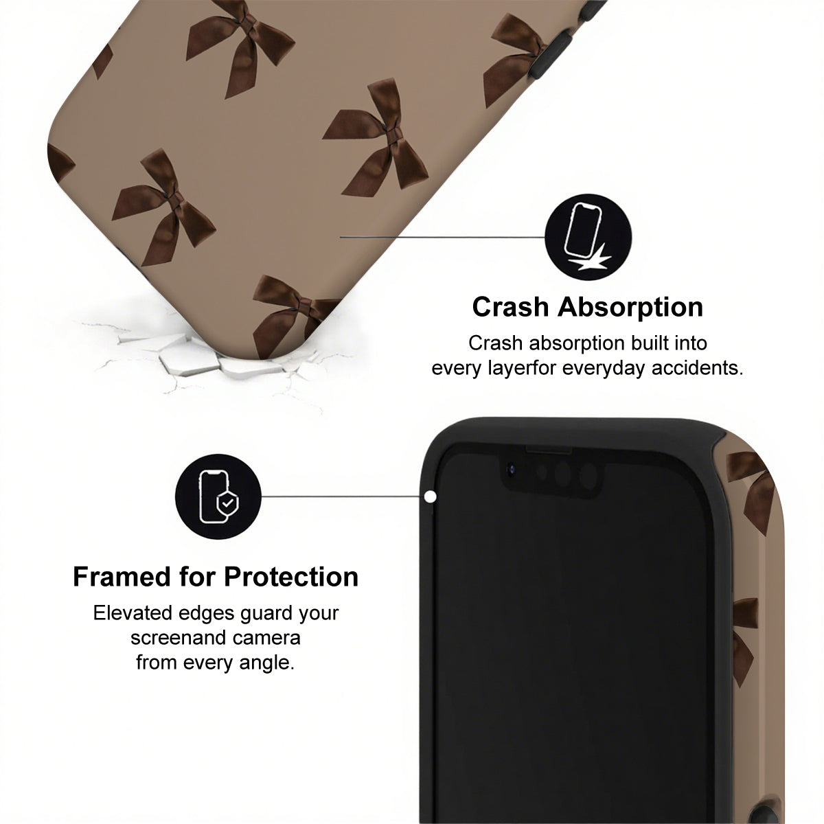 Phone case with bow pattern and text highlighting crash absorption and protection features.