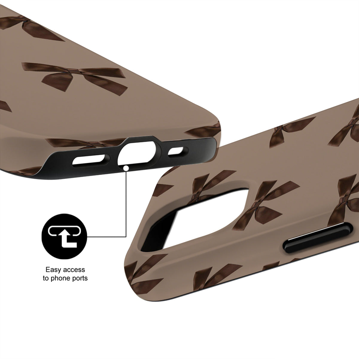 Brown phone case with butterfly pattern and text 'Easy access to phone ports' on a white background