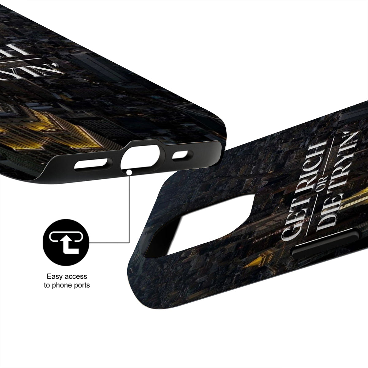 Phone case with text 'Gel Rich or Die Tryin'' and design details on a white background