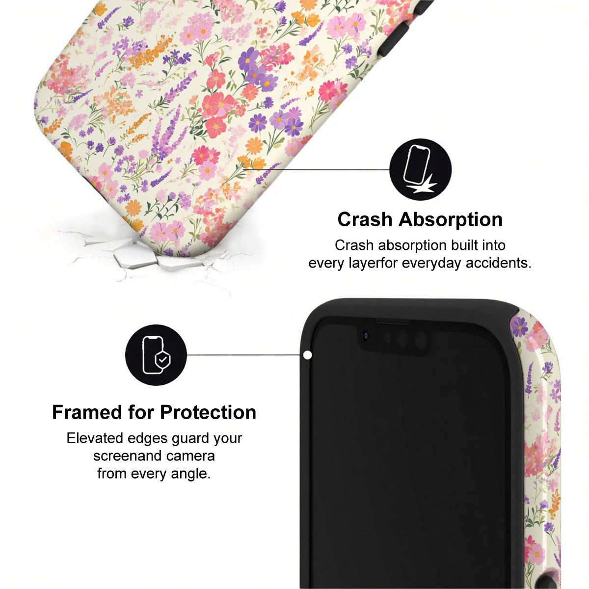 Floral phone case with crash absorption and protection features on a white background