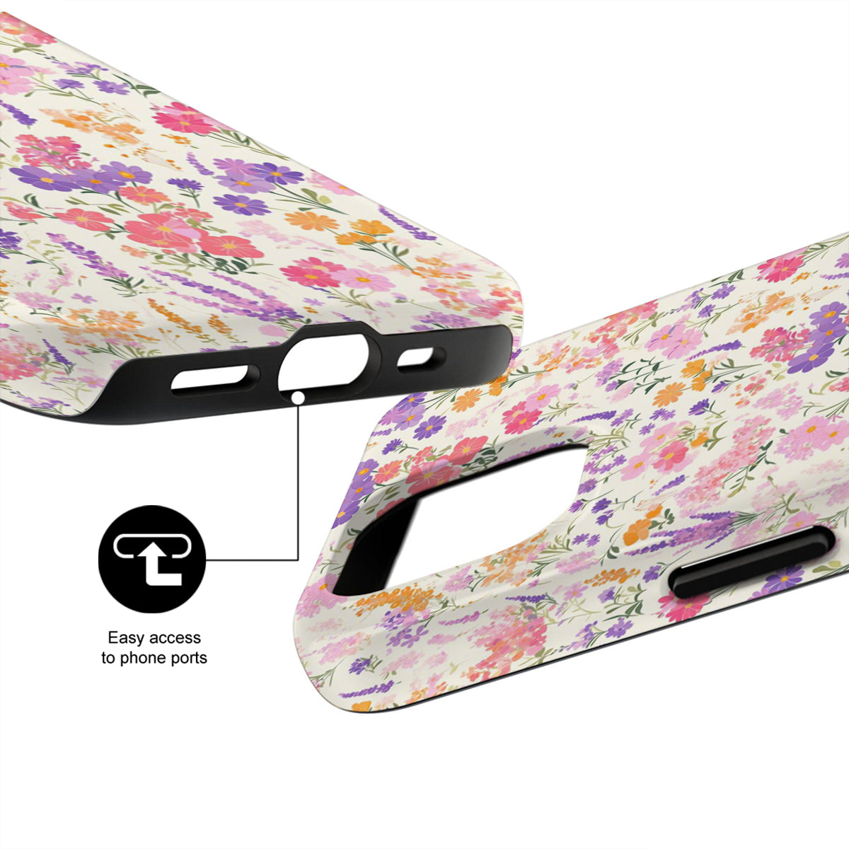 Floral patterned phone case with ports easily accessible design on a white background