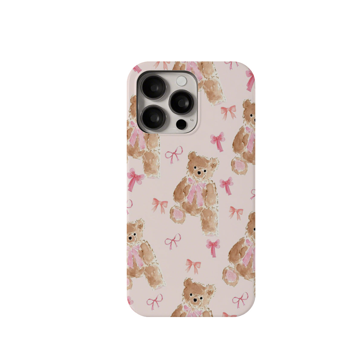 Phone case with teddy bear and bow pattern on a white background