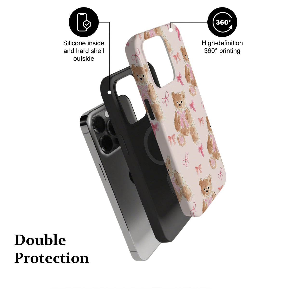 Phone case with teddy bear design and text highlighting features on a white background