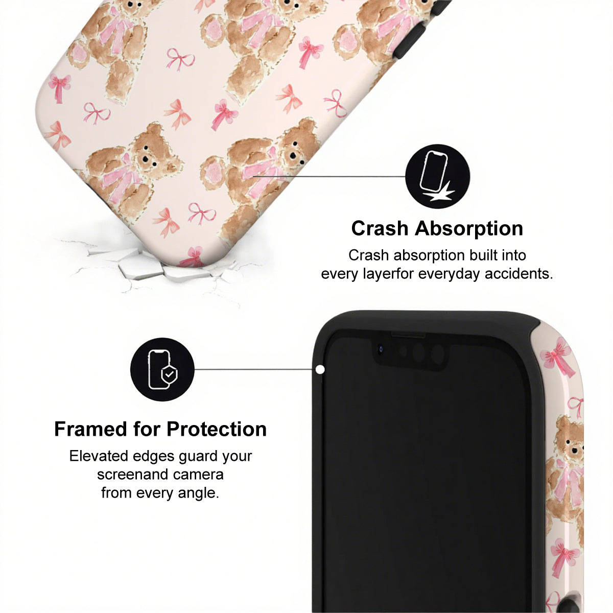 Phone case with teddy bear pattern and text highlighting crash absorption and protection features.