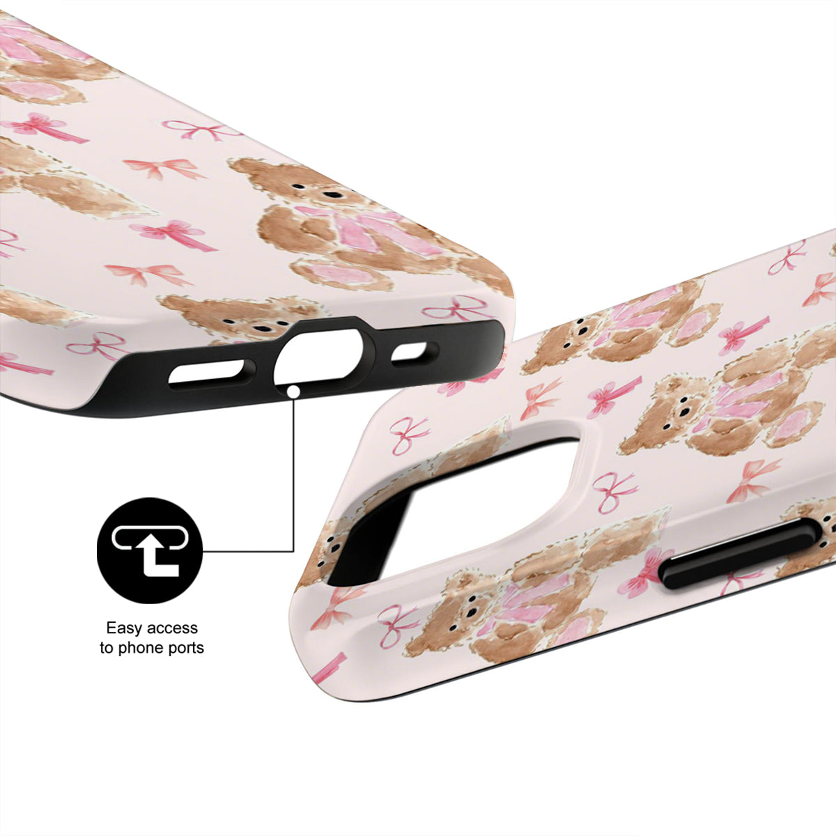 Phone case with teddy bear and bow pattern on a white background