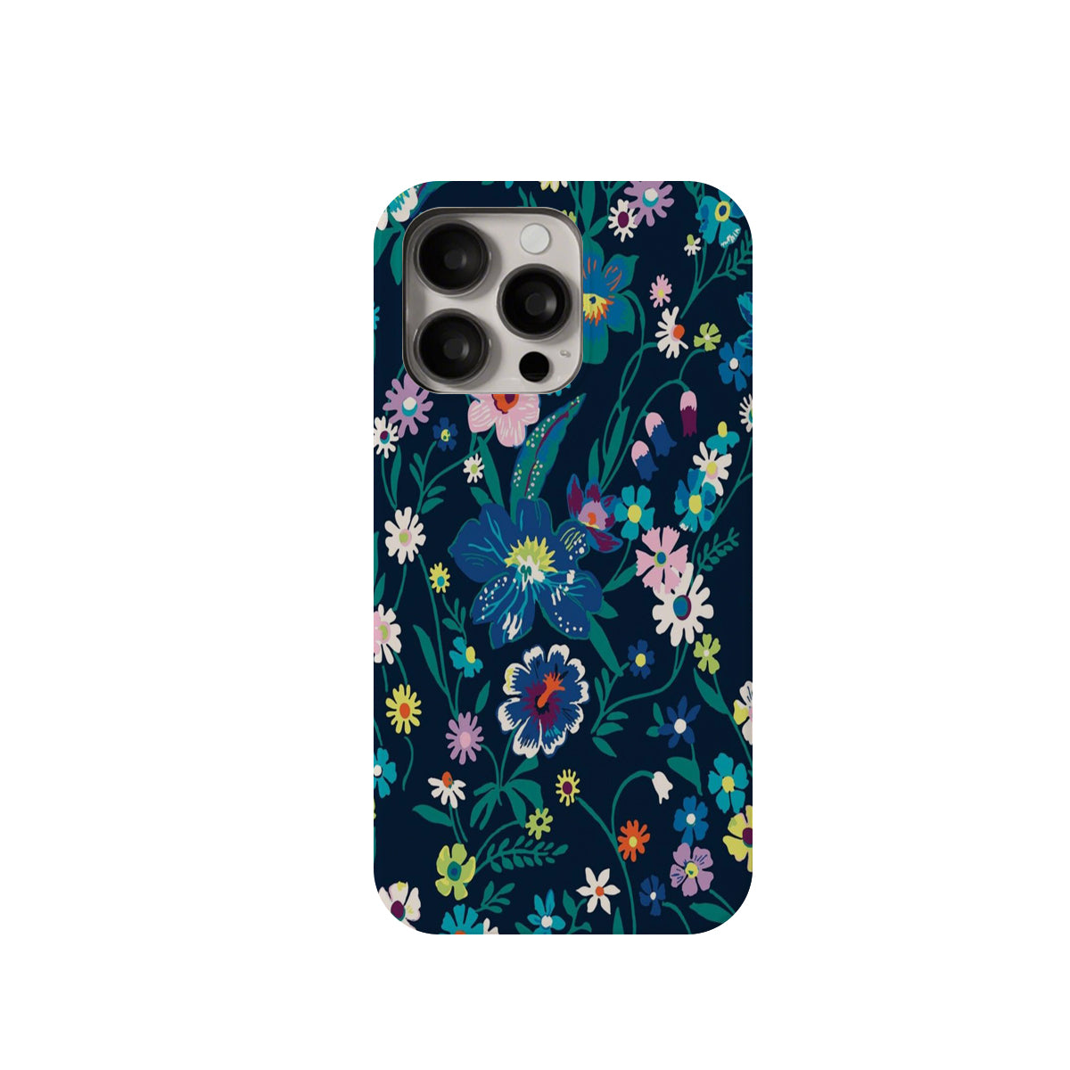 Floral phone case with colorful flowers on a dark blue background