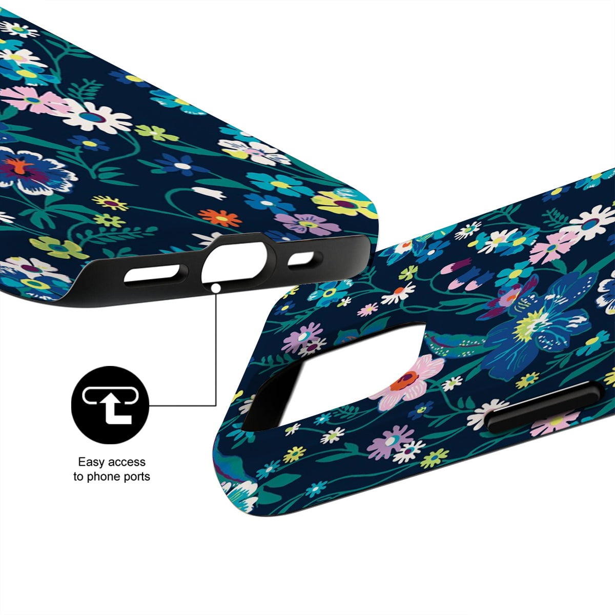 Floral patterned phone case with easy access to phone ports feature