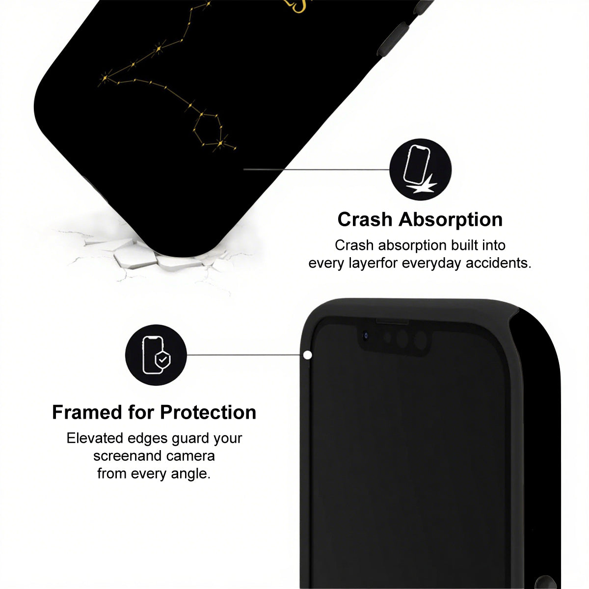 Black phone case with text highlighting crash absorption and protection features on a white background