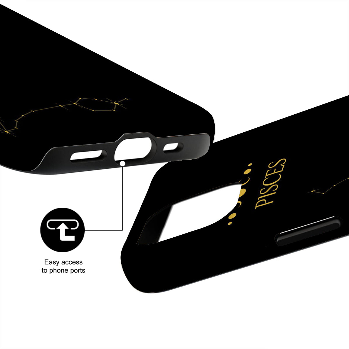 Black phone case with 'Pisces' text and design, showing ease of access to phone ports.