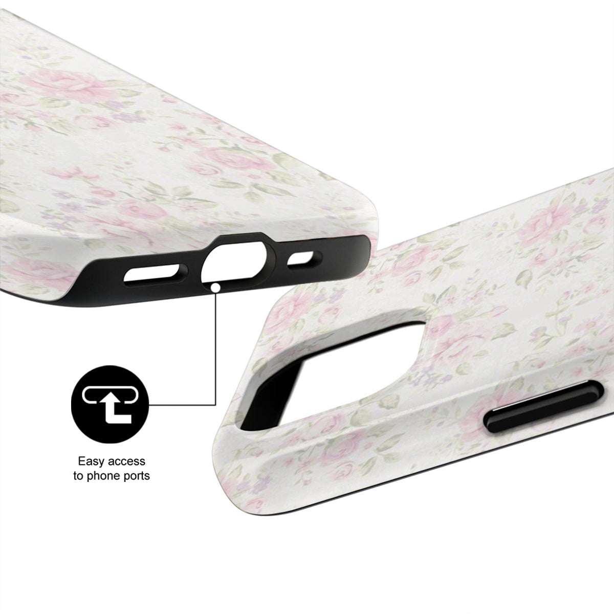 Floral patterned phone case with ports highlighted on a white background