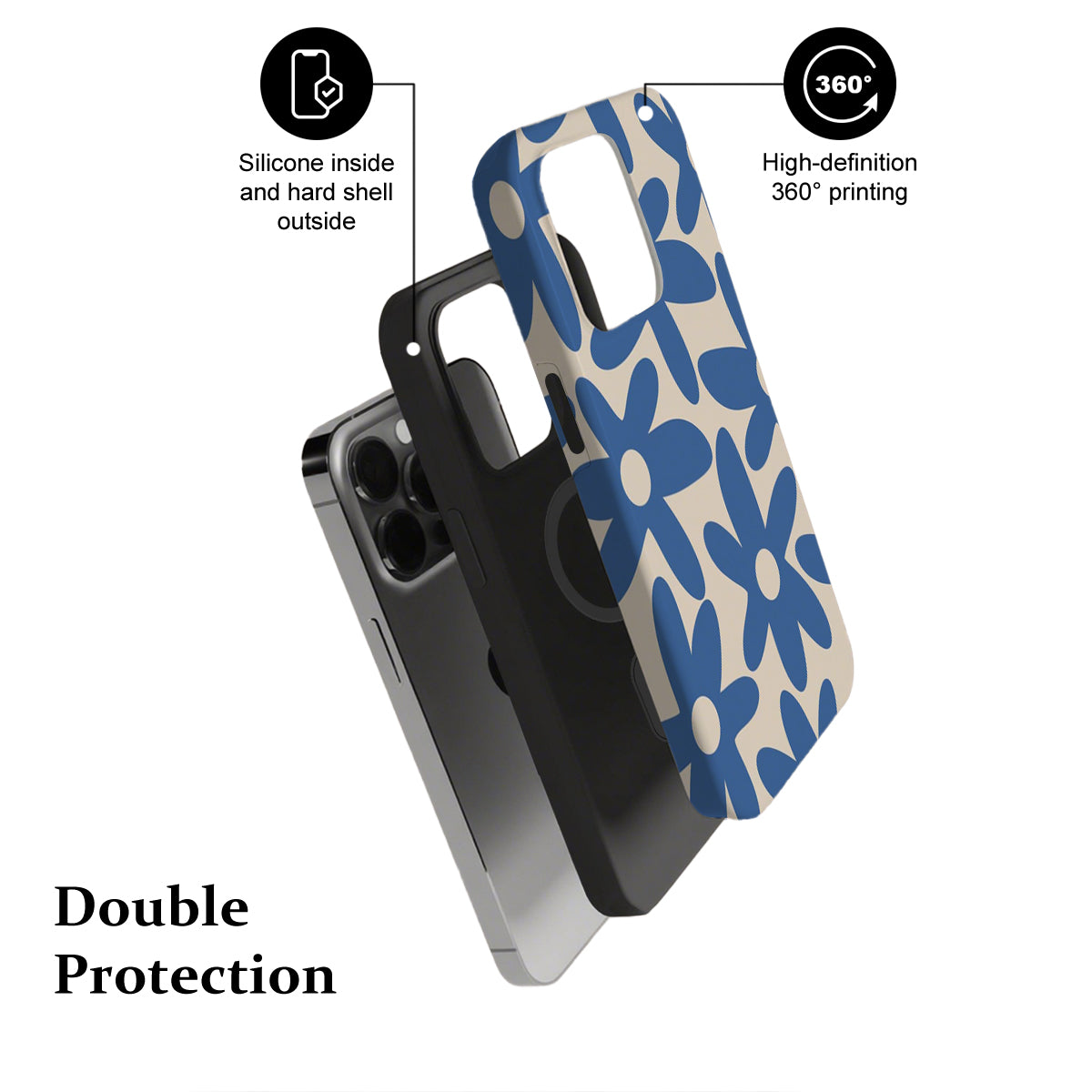 Phone case with blue floral design and text highlighting features on a white background