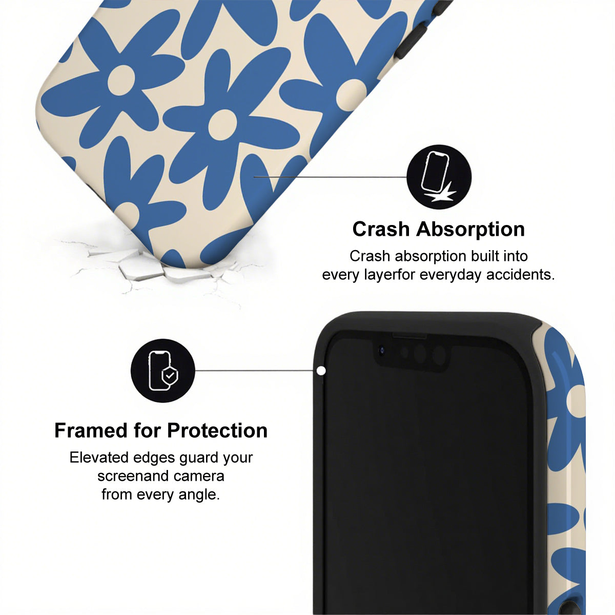 Phone case with blue floral design and text highlighting crash absorption and protection features.