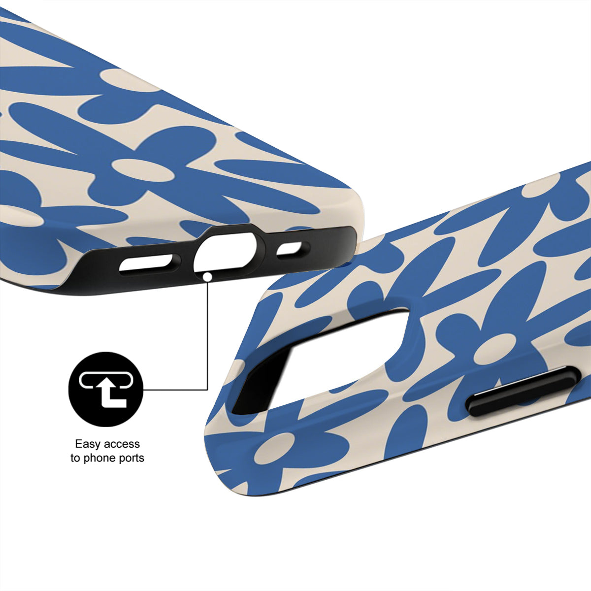 Blue and white floral patterned phone case with black accents on a white background