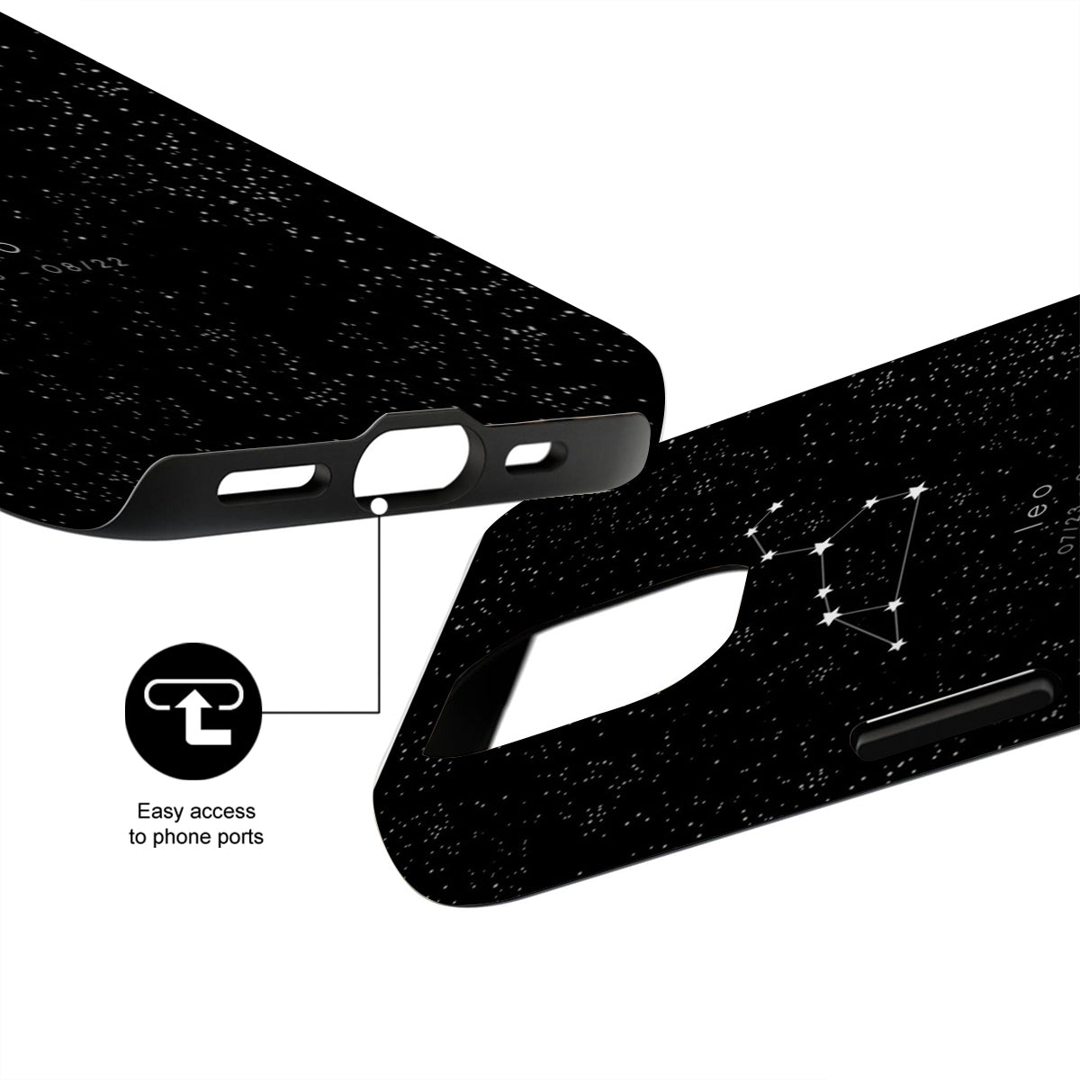 Black phone case with ports and text 'Easy access to phone ports' on a white background