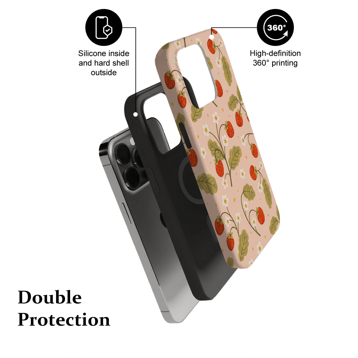 Phone case with strawberry design and text highlighting features on a white background