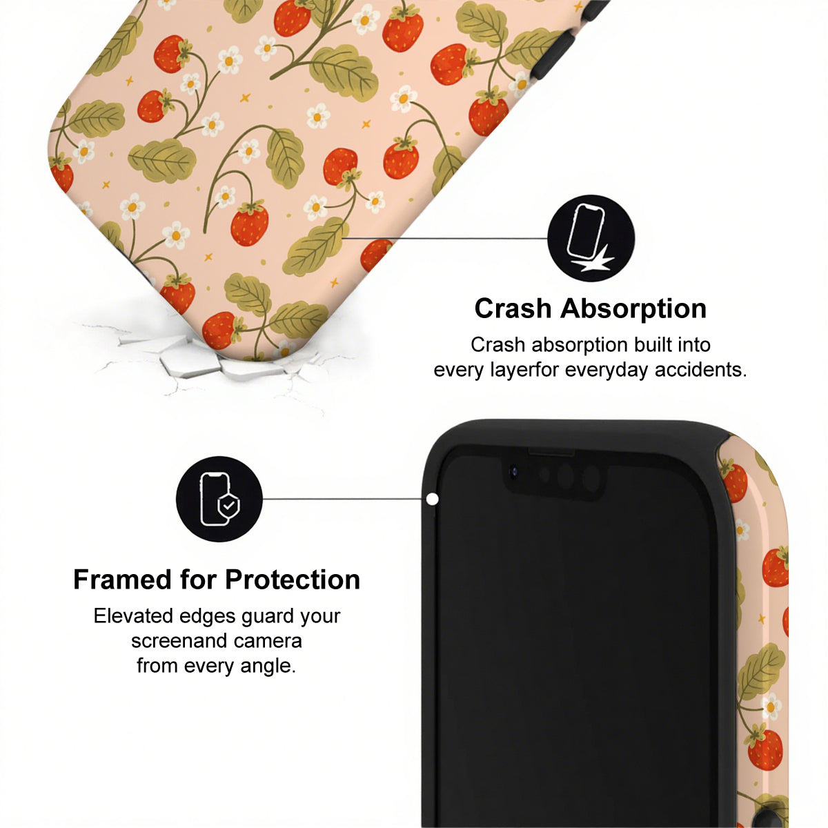 Phone case with strawberry pattern and text about crash absorption and protection