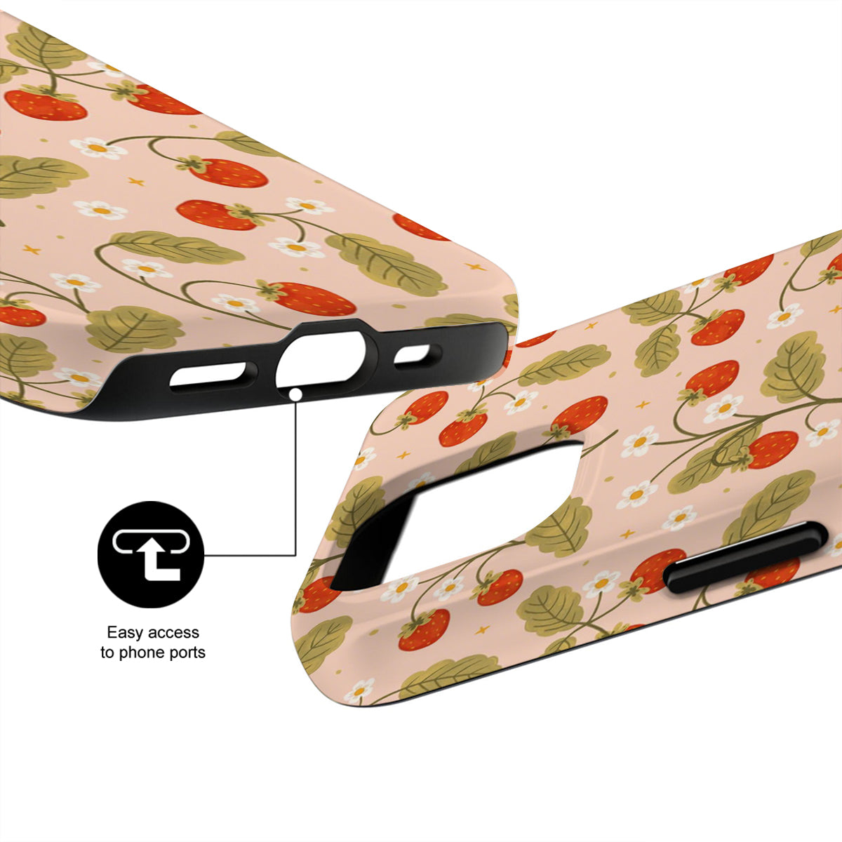 Phone case with strawberry pattern and easy access to phone ports feature