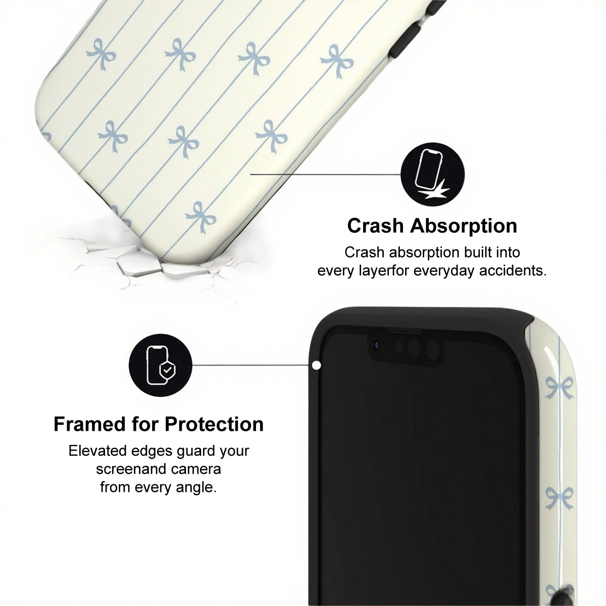 Phone case with crash absorption and protection features on a white background