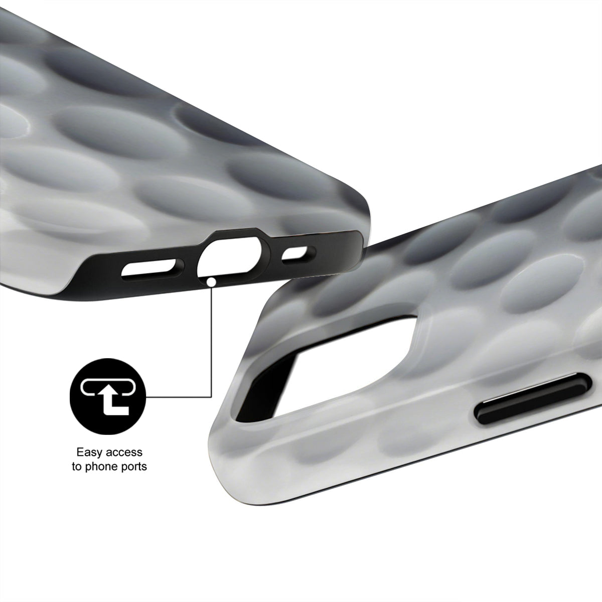 Phone case with textured surface and easy access to phone ports feature
