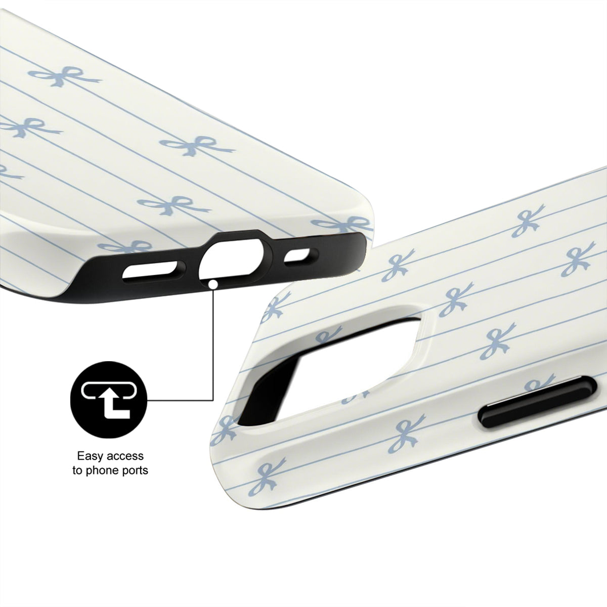 Phone case with port accessibility feature on a white background