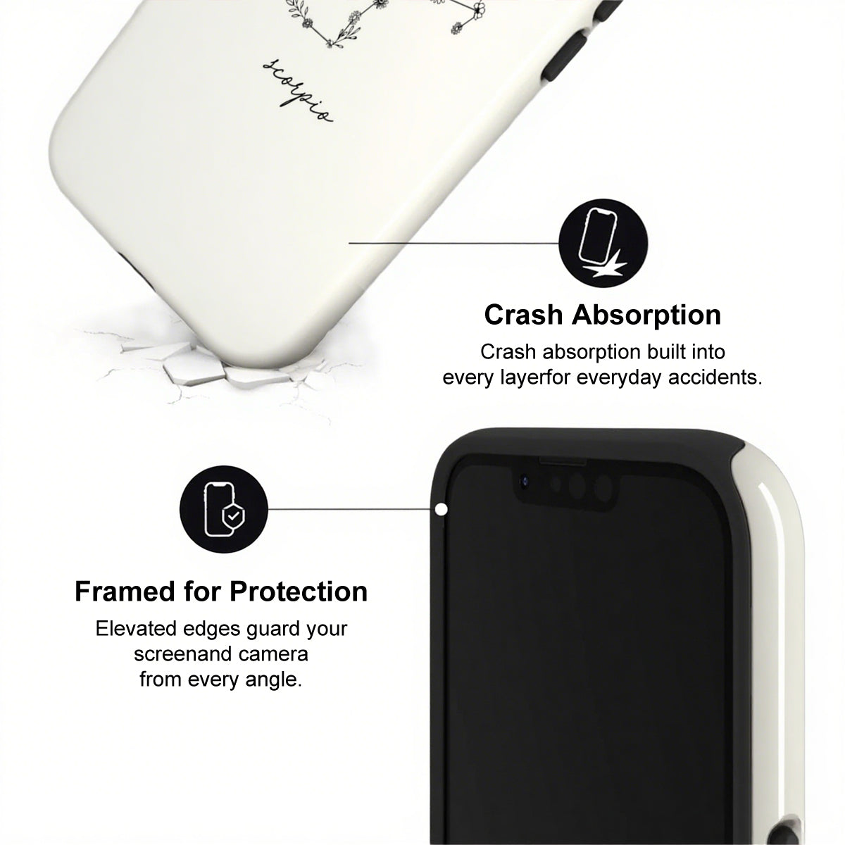 Phone case with crash absorption and protection features on a white background