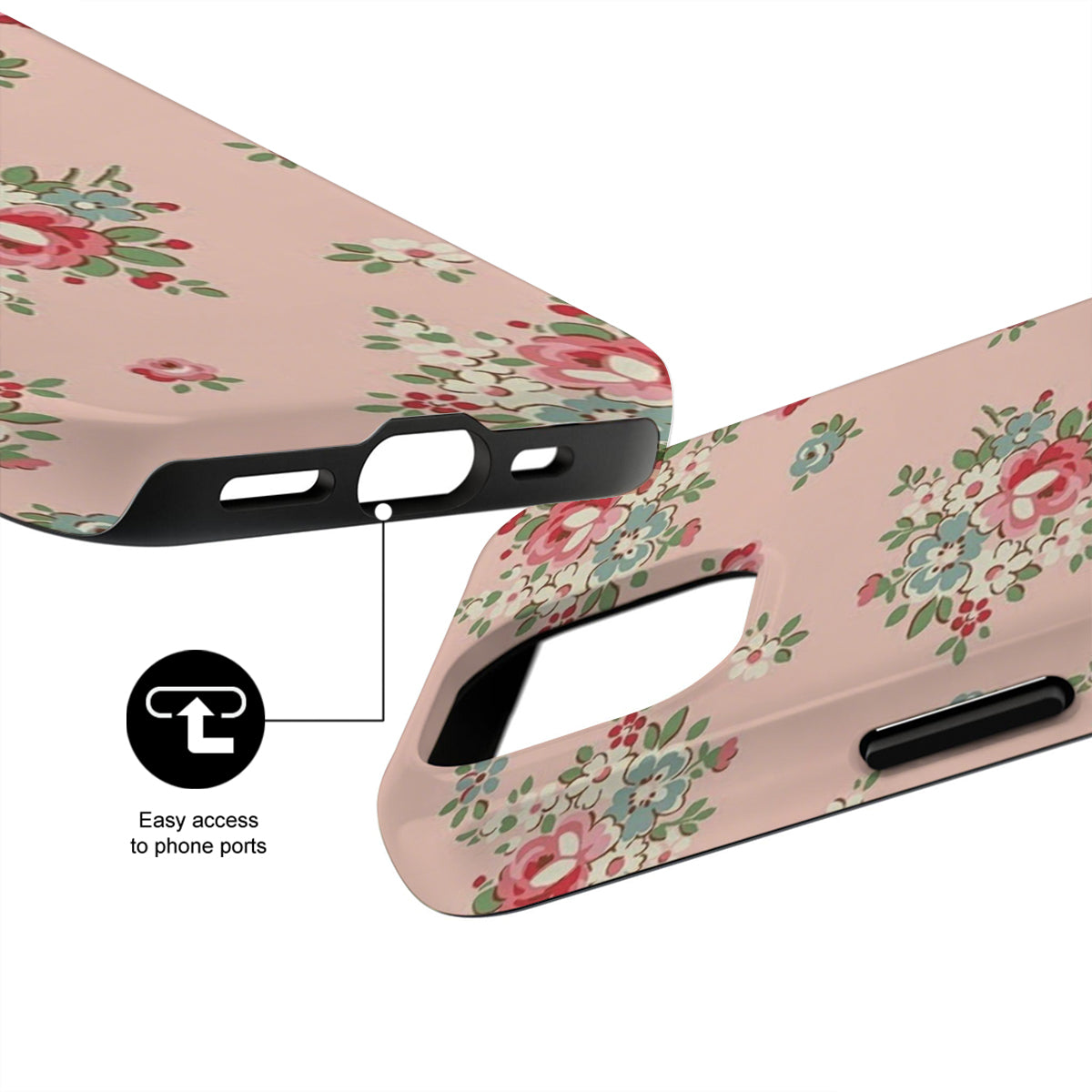 Floral phone case with easy access to phone ports feature on a white background