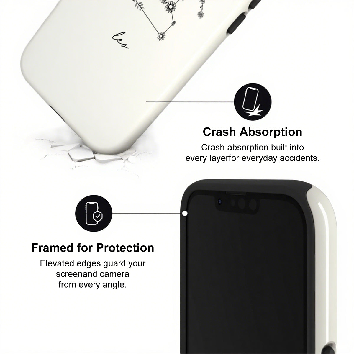 Phone case with crash absorption and protection features on a white background