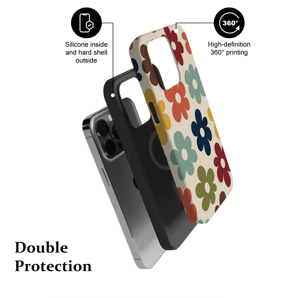 Phone case with floral design and text highlighting features on a white background