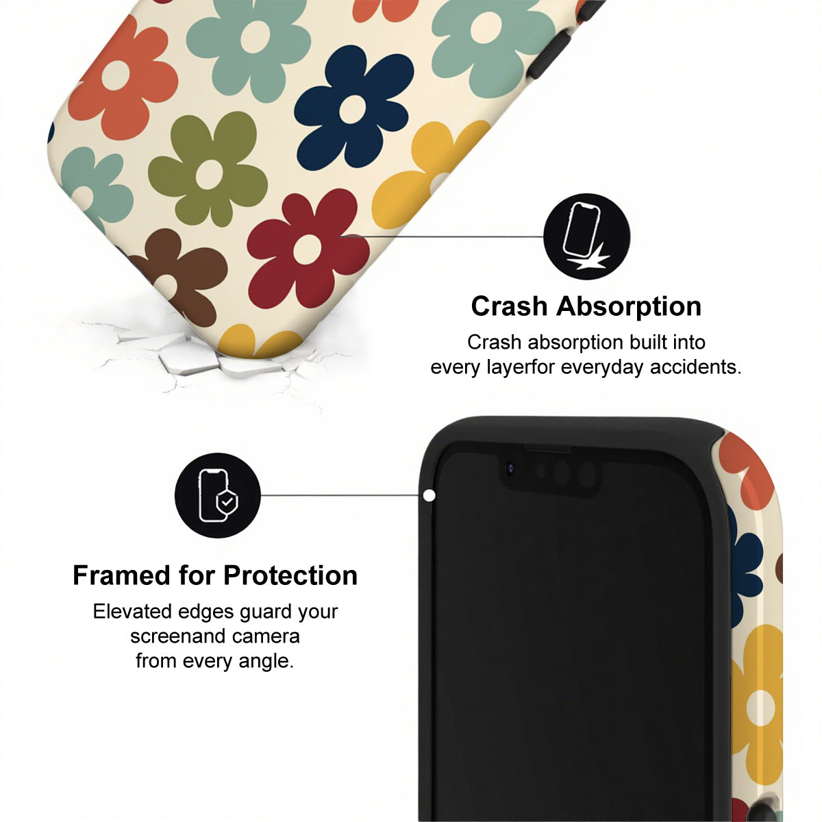 Phone case with colorful floral design and text highlighting crash absorption and protection features.