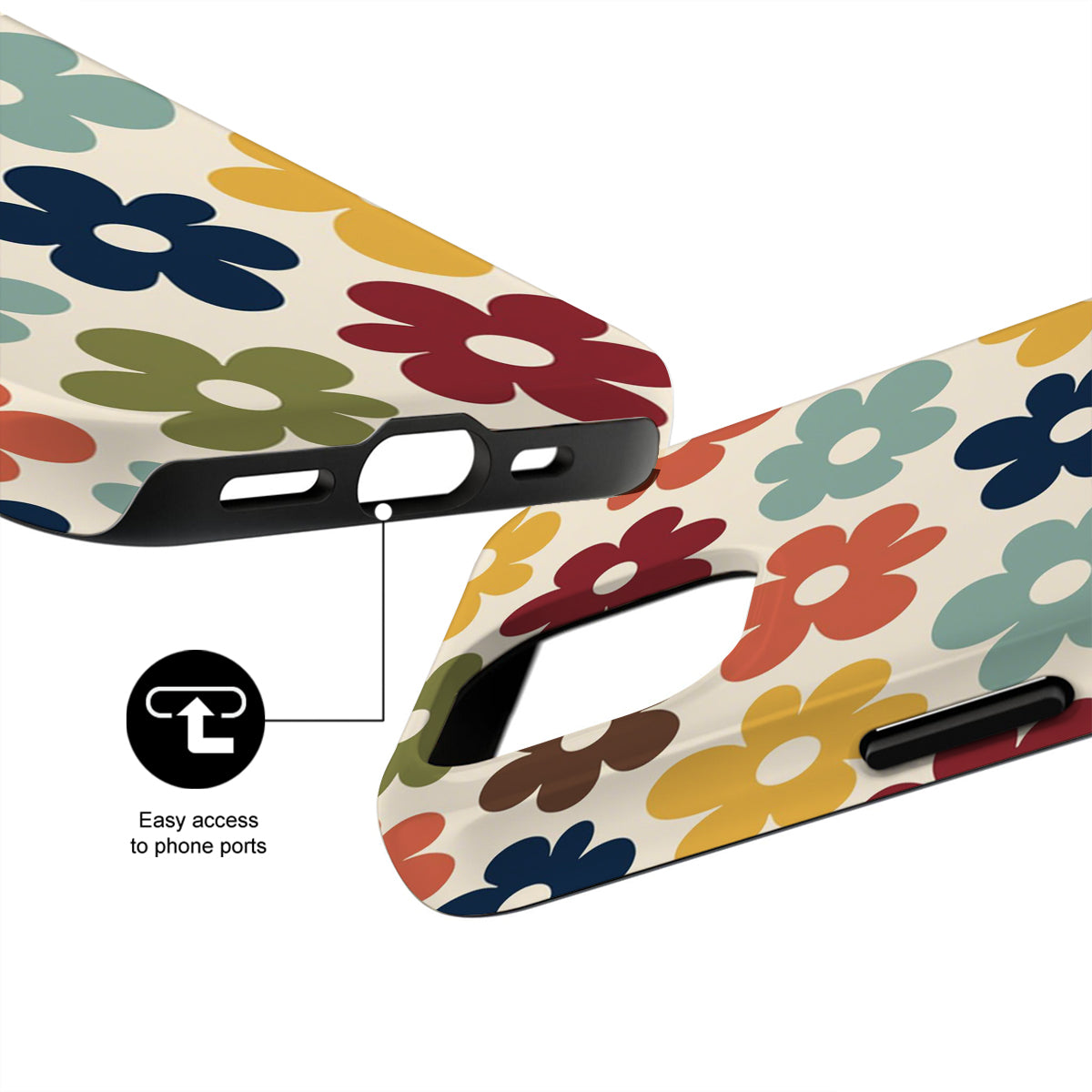 Colorful floral phone case with ports easily accessible feature on a white background