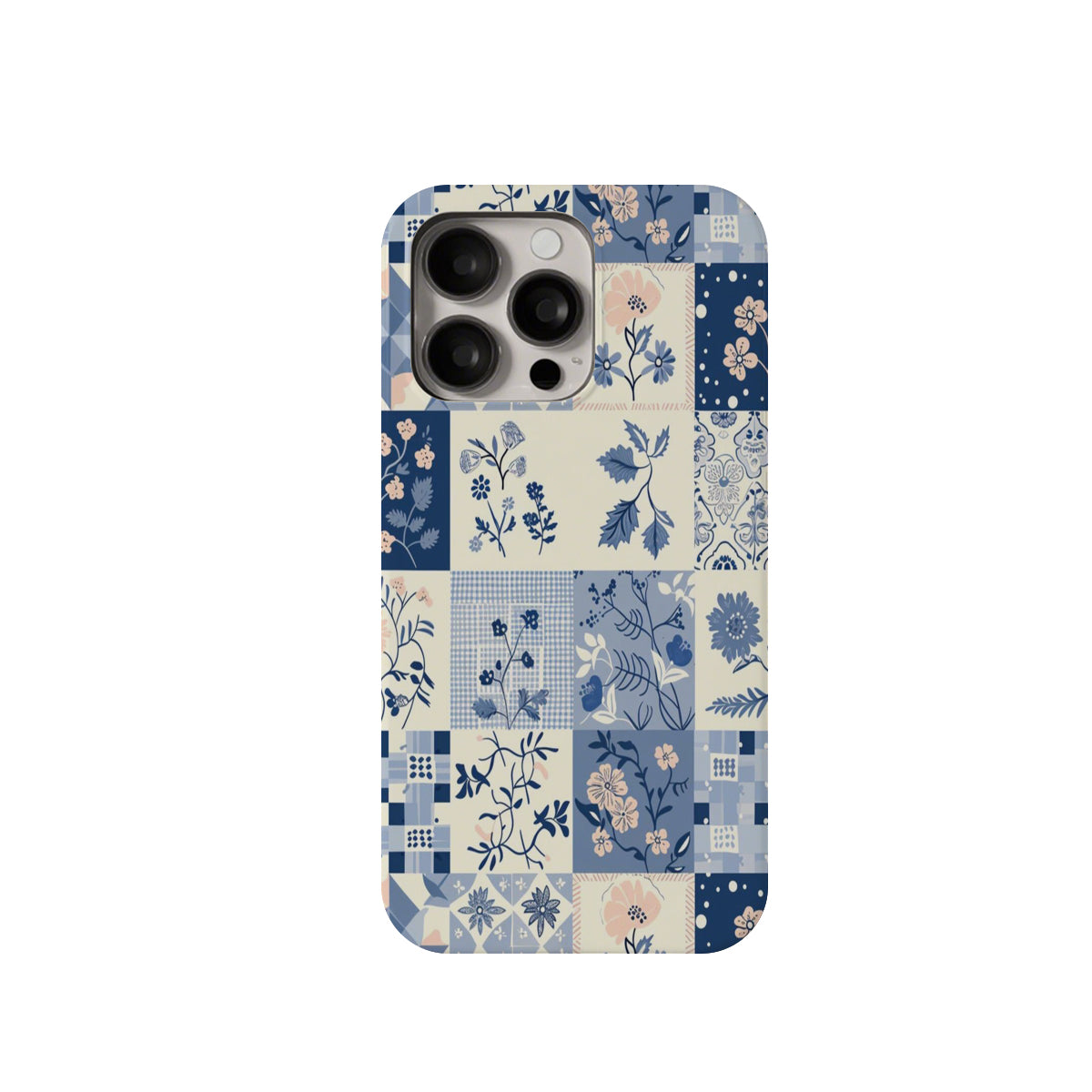 Phone case with floral patchwork design on a white background