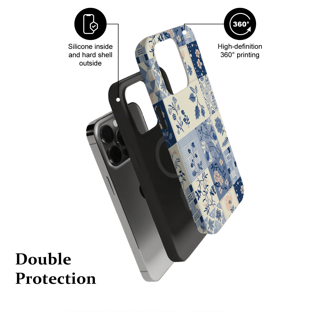 Phone case with floral design and text highlighting features on a white background