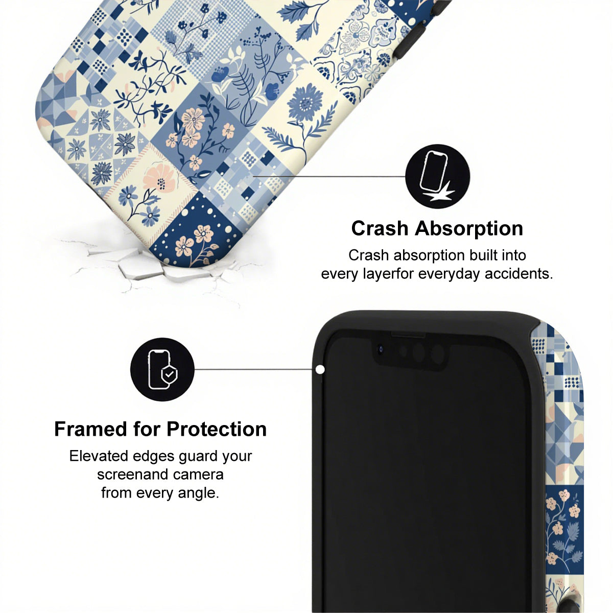 Phone case with floral pattern and text highlighting crash absorption and protection features.