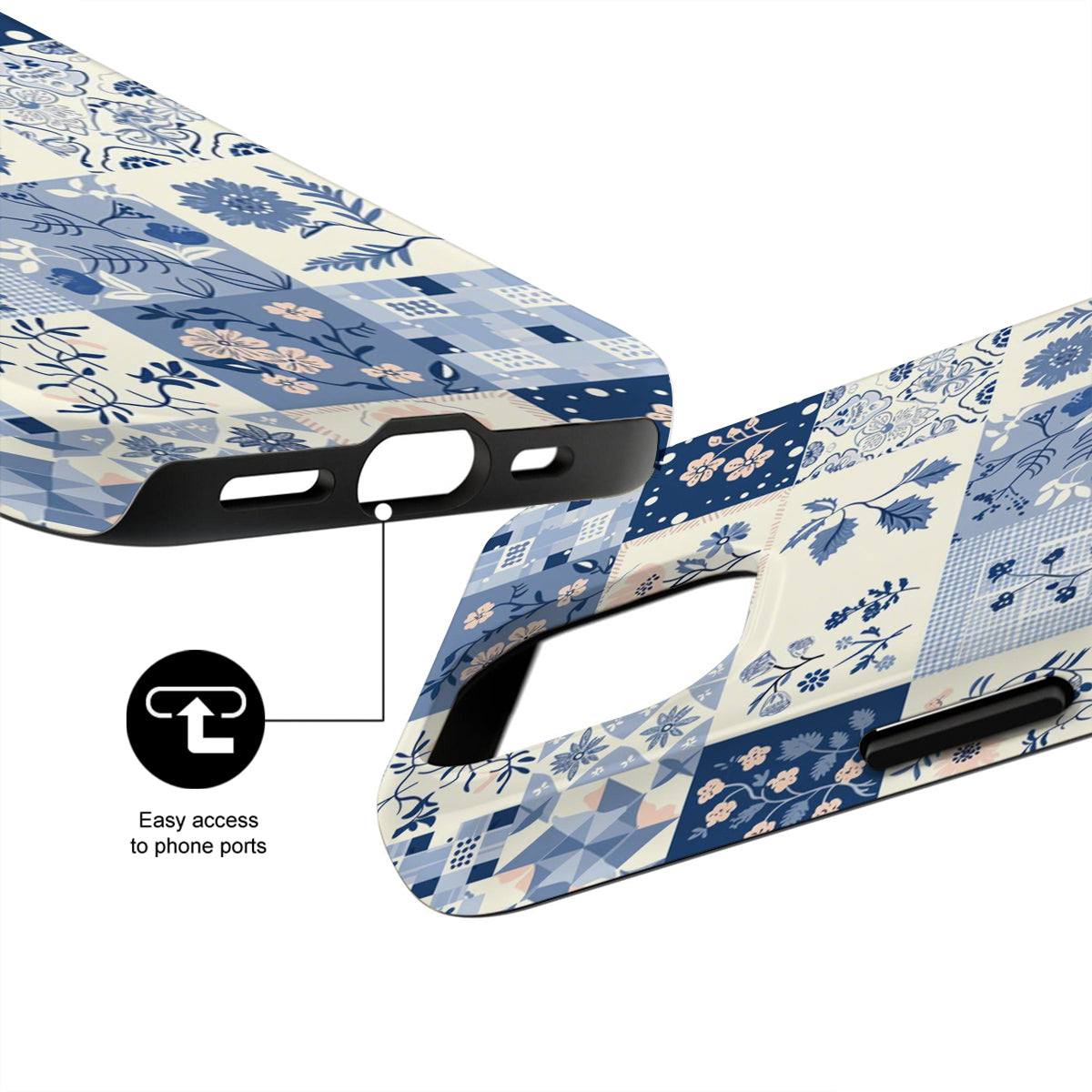 Phone case with blue floral pattern and text 'Easy access to phone ports'.