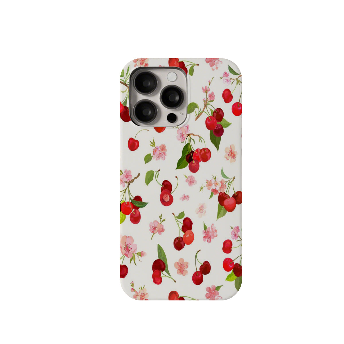 Phone case with cherry and floral pattern on a white background