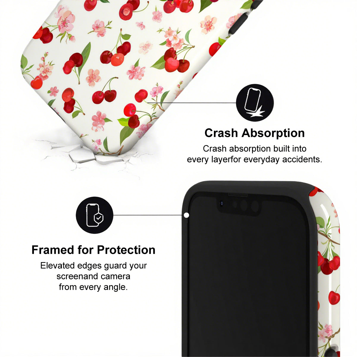 Phone case with cherry and floral pattern and text highlighting crash absorption and protection features.