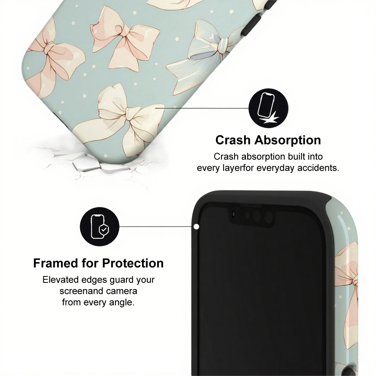 Phone case with bow pattern and text highlighting crash absorption and protection features.