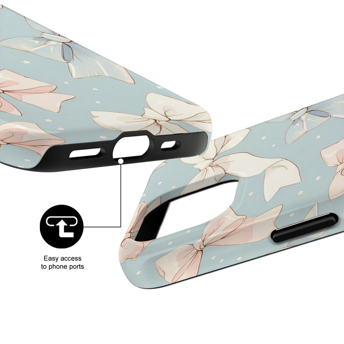 Phone case with floral design and text indicating easy access to phone ports