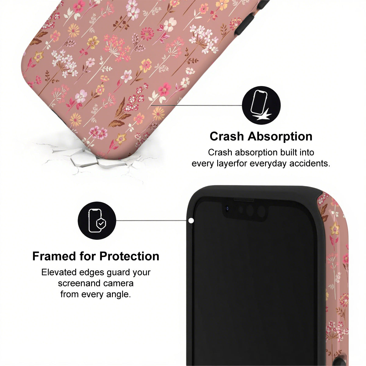 Phone case with floral design and text highlighting crash absorption and protection features.